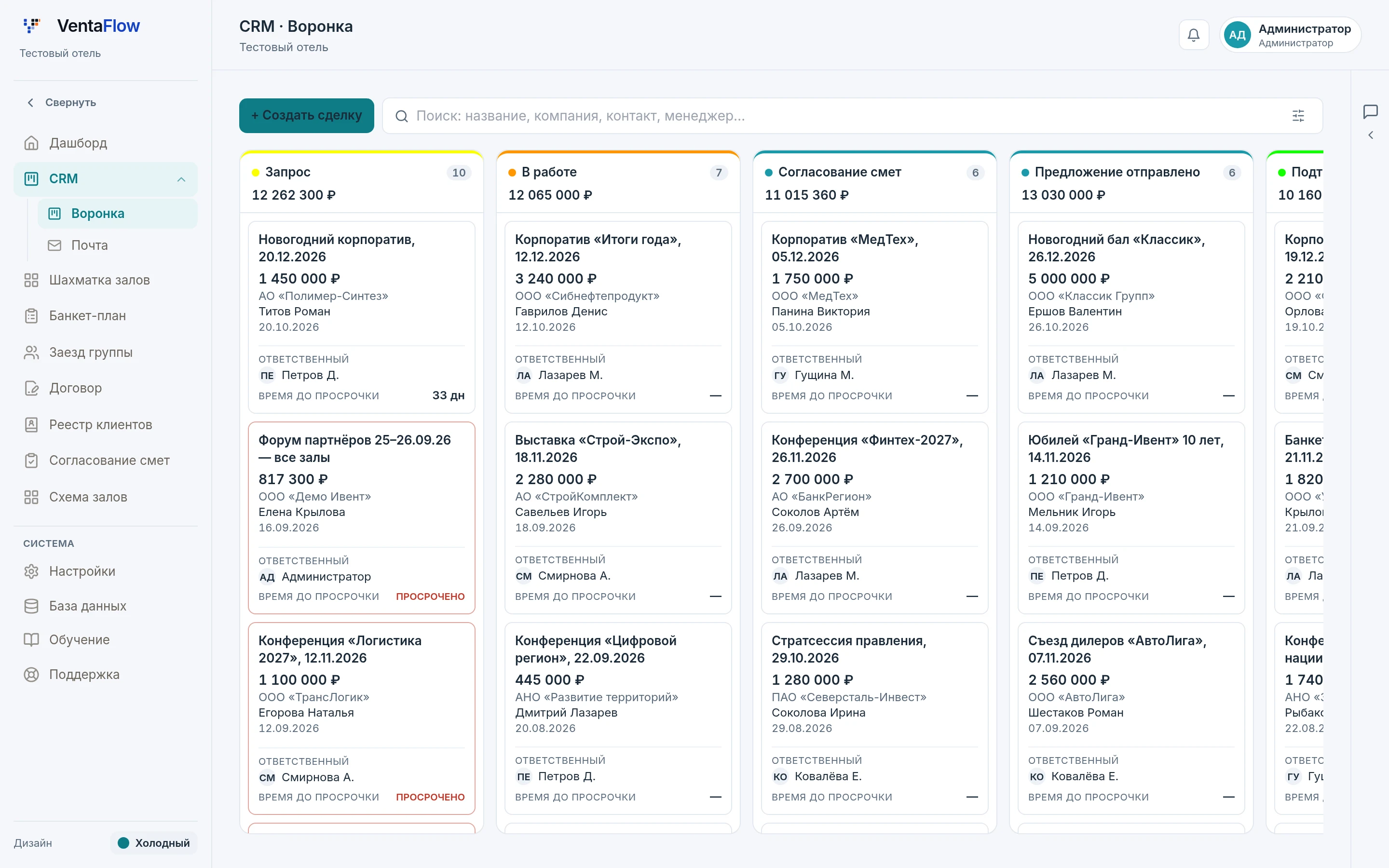 Воронка сделок VentaFlow: колонки Запрос, В работе, Согласование смет с карточками мероприятий и суммами